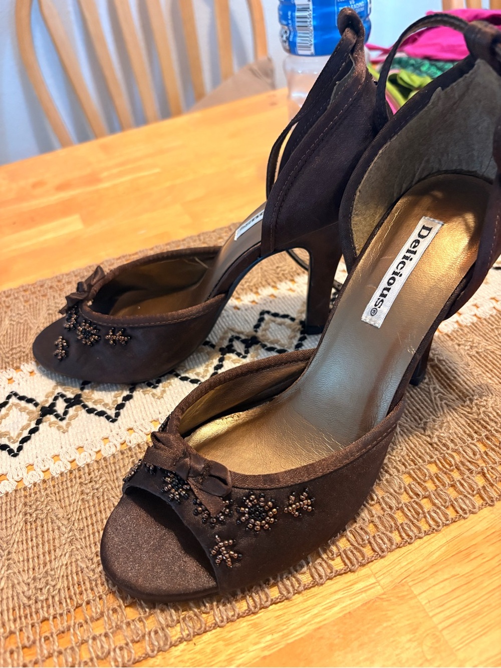 Vintage 1990s Delicious Brown Beaded Peep-Toe High Heels - Picture 7 of 7